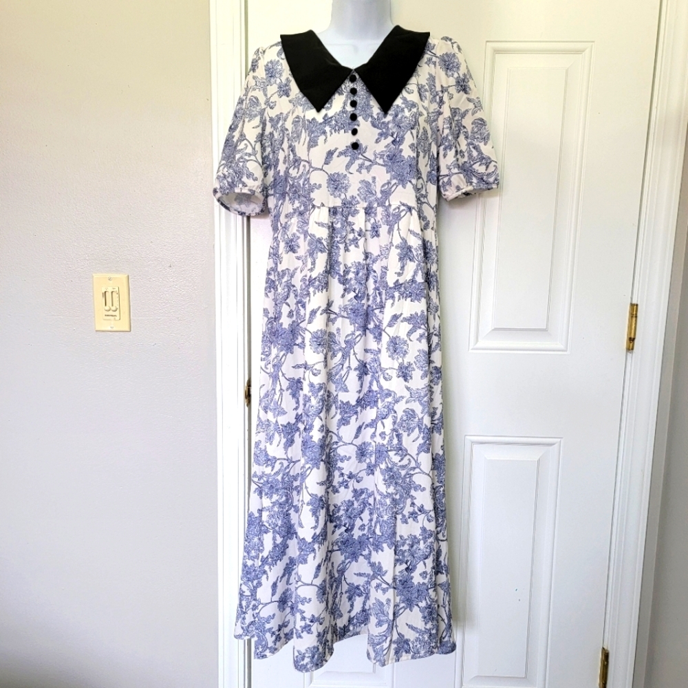 NWT Dazy Blue White Floral Contrast Collar Buttons Puff Sleeve Midi Dress Size L